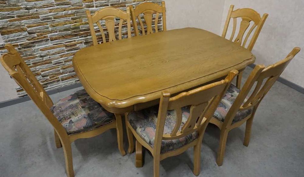 Stół Lity Dąb Dębowy Rozkładany 140-225 cm Jasny + 6 Krzeseł  L-207