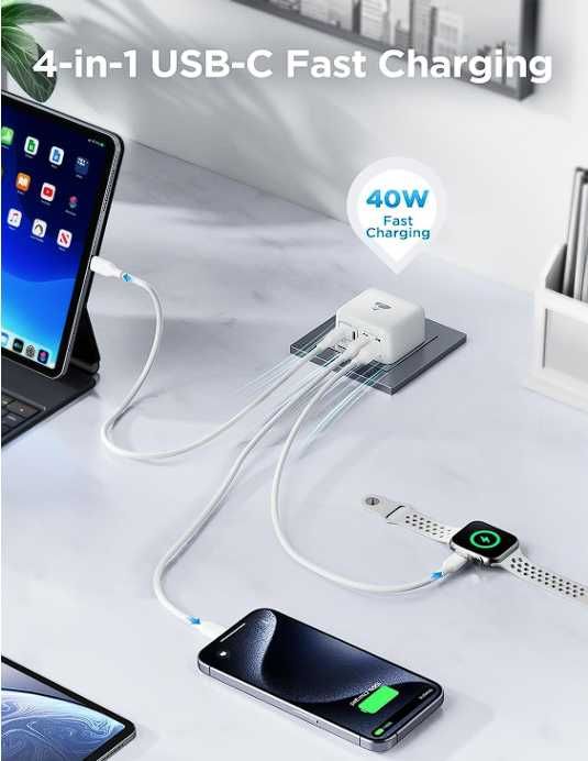 Ładowarka USB-C, szybka wtyczka USB-C, 40 W, 4-portowa