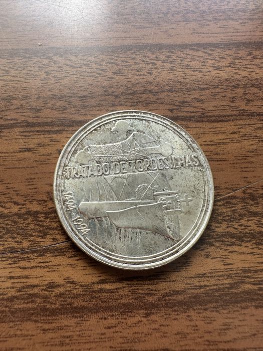 Moeda de mil escudos. Tratado de Tordesilhas.