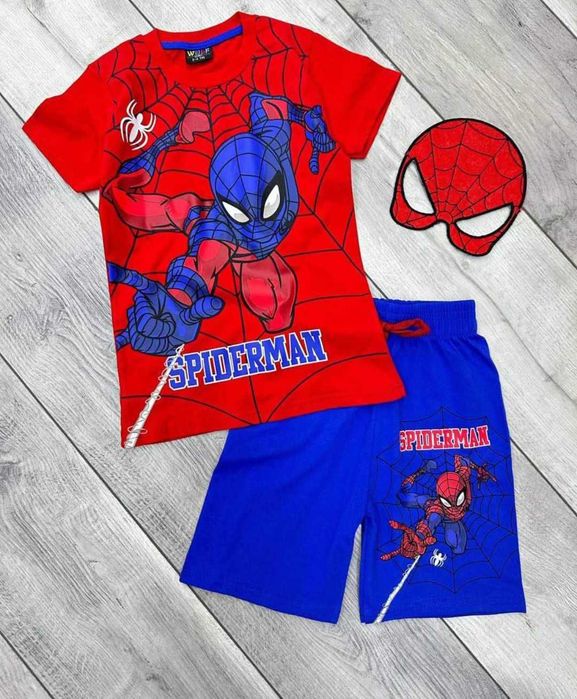 Komplet letni Spiderman koszulka spodenki maska 122 128