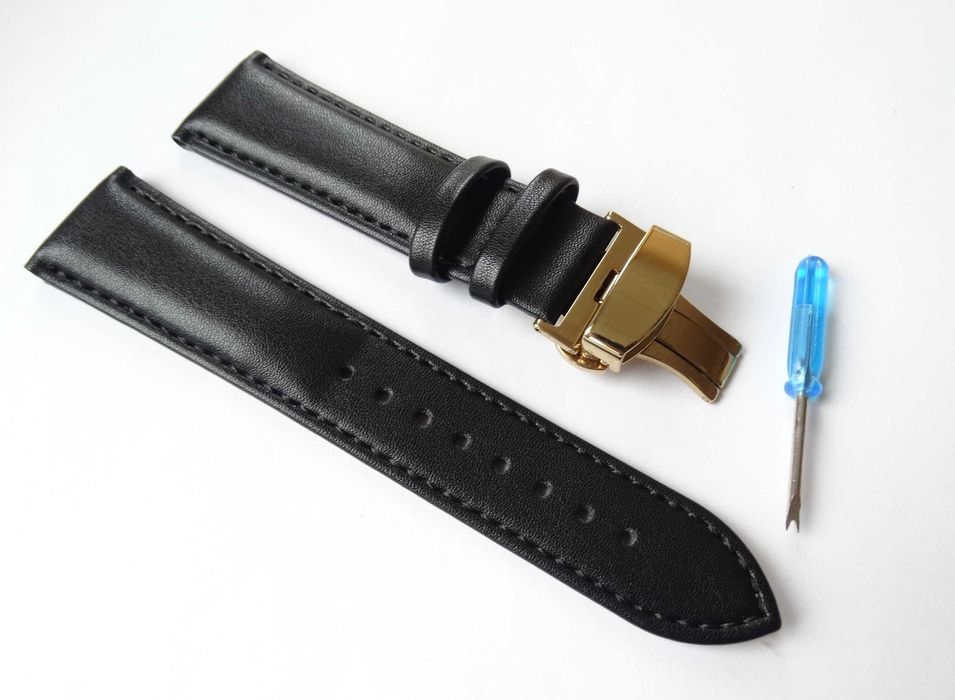 Czarny gładki pasek do zegarka 20mm 22mm złote zapięcie motylkowe