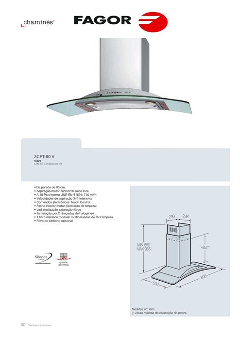 Exaustor / Chaminé FAGOR 90cm Inox-Vidro. Artigo de exposição.