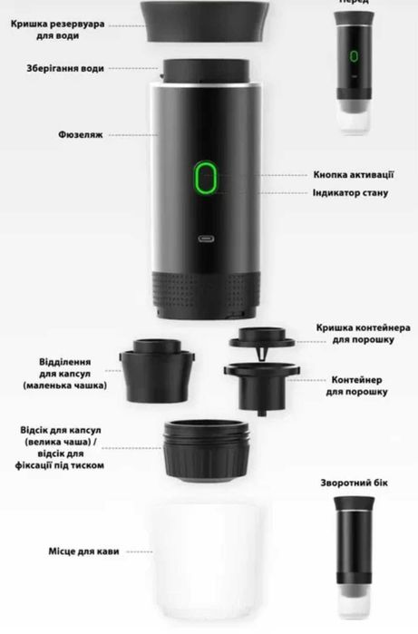 Портативная эспрессо кофеварка с батареей, капсулы/молотый кофе