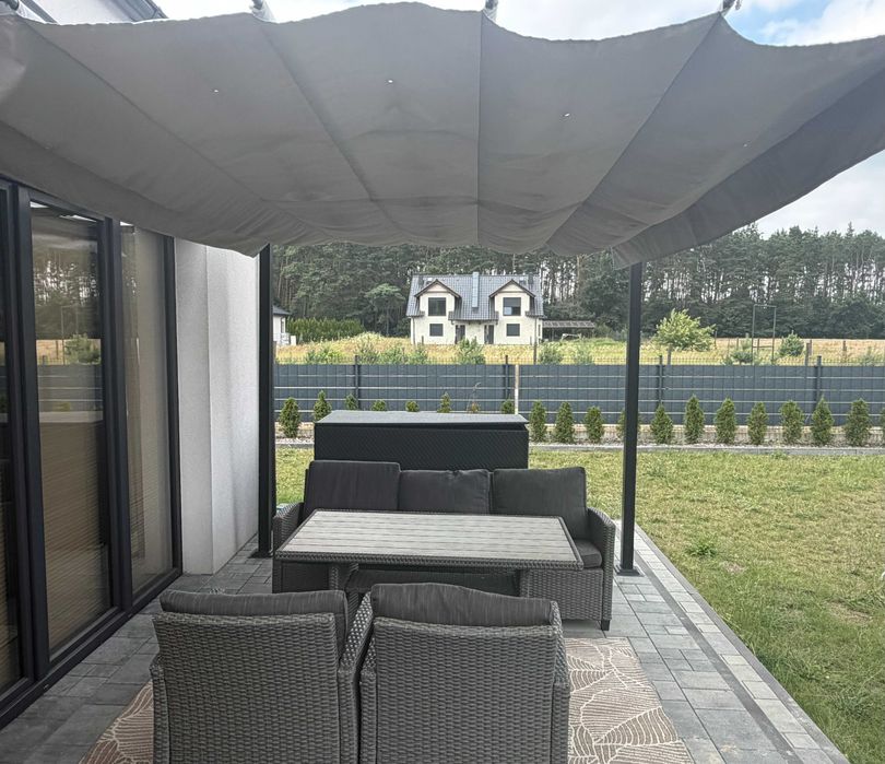 Komplet mebli ogrodowych + pergola (tarasola) + skrzynia ogrodowa