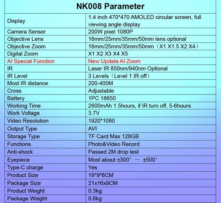 Прицел Ночного Видения Megaorei NK008. 940нм/ 1.4 OLED/ Zoom 20x.