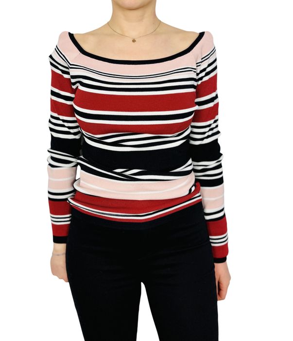 Pasiasty sweter czerwono-różowo-czarny XS 34