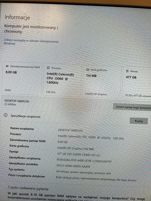 Komputer stacjonary HP All in One, dysk SSD, Intel Celeron J3060, Ram 8GB, 22”