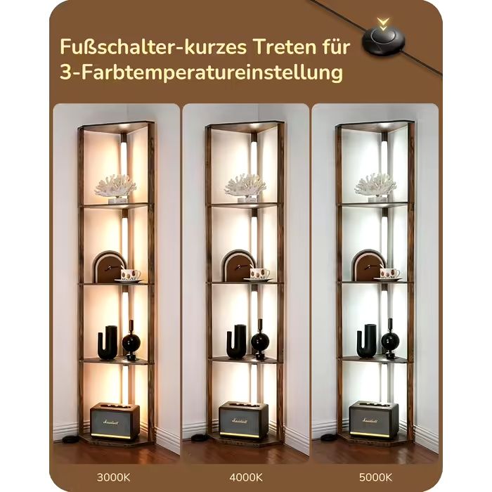 Торшер EDISHINE з дерев'яною полицею, LED-підсвіткою