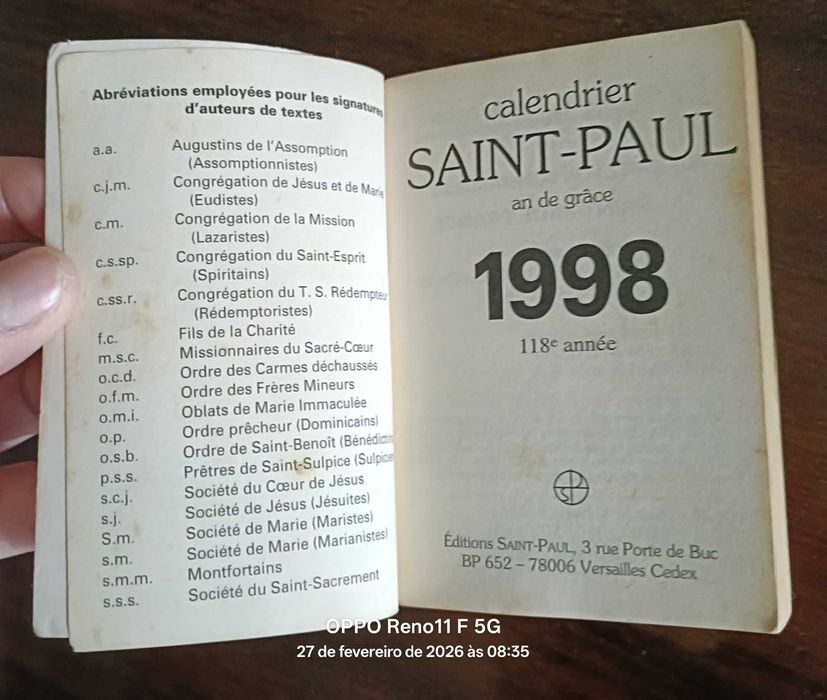 Calendário Saint-Paul 1998