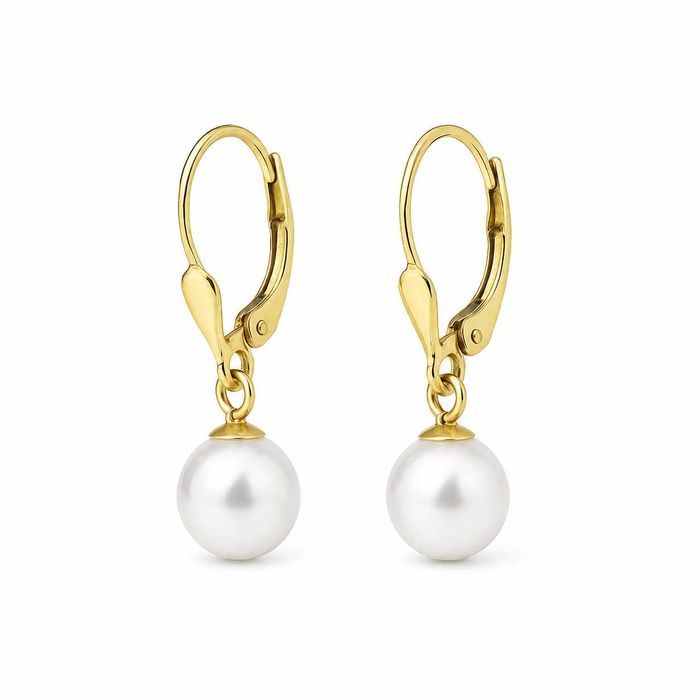 Wiszące Złote kolczyki z białymi perłami Duże Okrągłe perły 8mm Klasa AAA eleganckie nowe