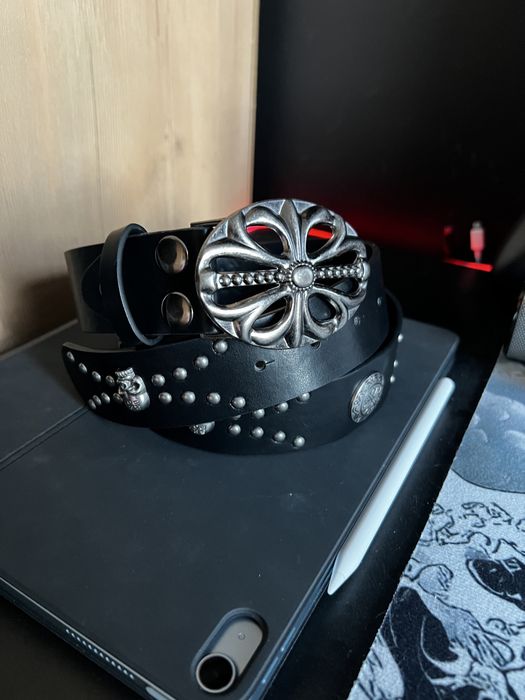 Pasek czarny w stylu Chrome Hearts metalowe zdobienia 120cm