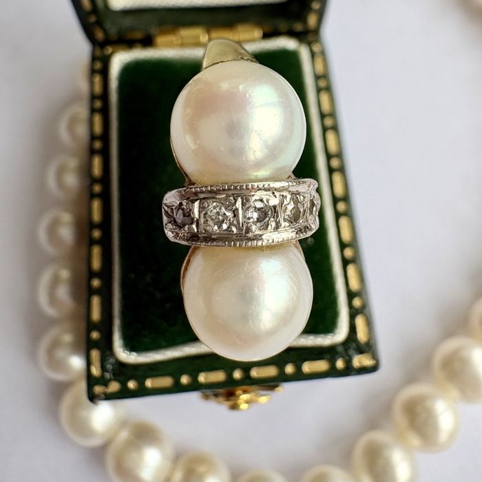 Art Deco Austria lata 20-te Pierścionek Złoto 14k Perły Diamenty R16
