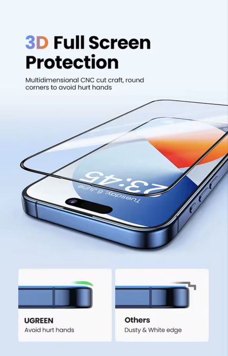 Защитное стекло Ugreen 9D With Black Border iPhone 17 Pro Max, 17 Pro, в комплекте 2 стекла, покрывает весь экран, очень тонкие черные рамки