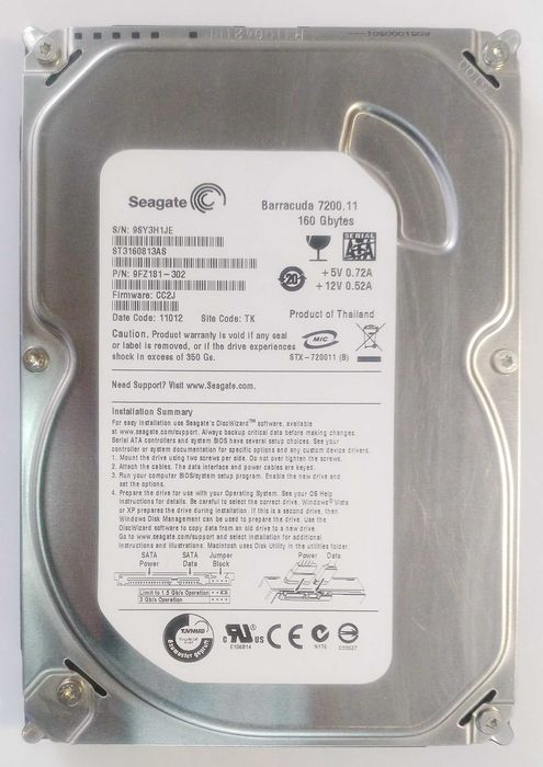 Жесткий диск HDD Seagate Barracuda 160ГБ, 7200.11 ST3160813AS, б/у