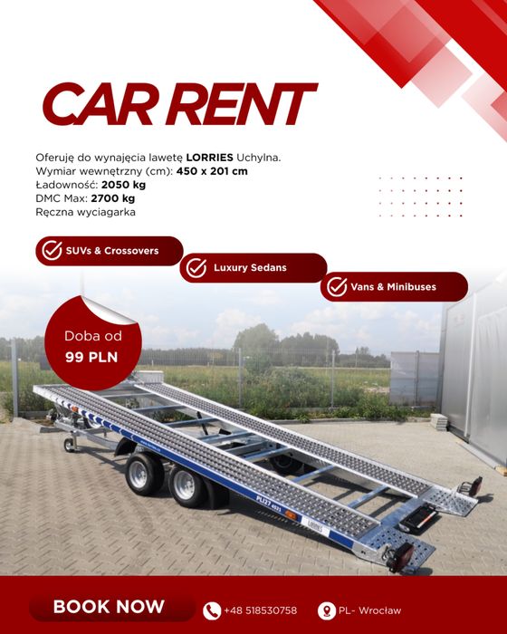 Laweta uchylna 4.5 x 2.0m DMC 2700kg wynajme wynajem przyczepa