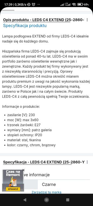 Lampa Podłogowa wolno stojąca LEDS C4 EXTEND (25-2860-Y2-05V1)