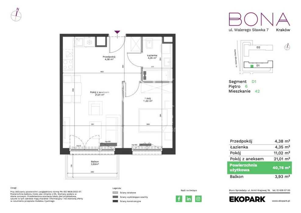 2 pokoje | 40,76 m² | 6. piętro | balkon