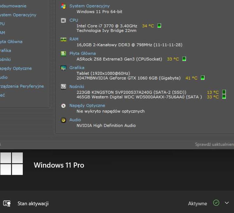 Komputer gamingowy core i7 16GB ram GTX 1060 6GB SSD 240GB + 500GB HDD Windows 11 Pro