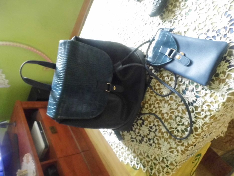 Plecak granatowy z eko skóry i etui na telefon, nowe