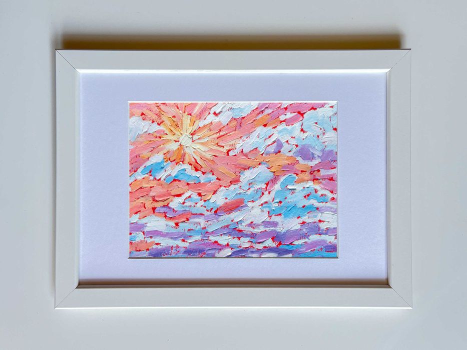 Oryginalny obraz olejny "Na niebie" no.1 w białej ramce