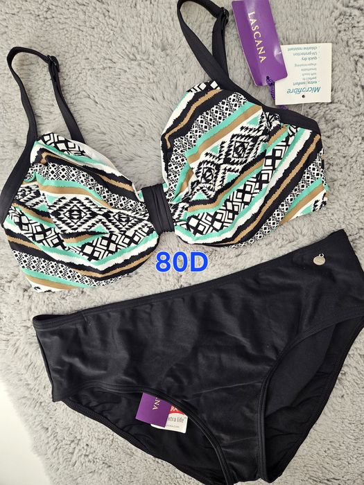 Strój kąpielowy dwuczęściowy bikini Lascana miękki z fiszbinami 80D 42 czarny zielone wzory wyższy stan