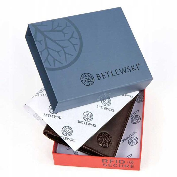 BETLEWSKI Portfel Męski Skórzany Pionowy Bez Zapięcia Brązowy RFID