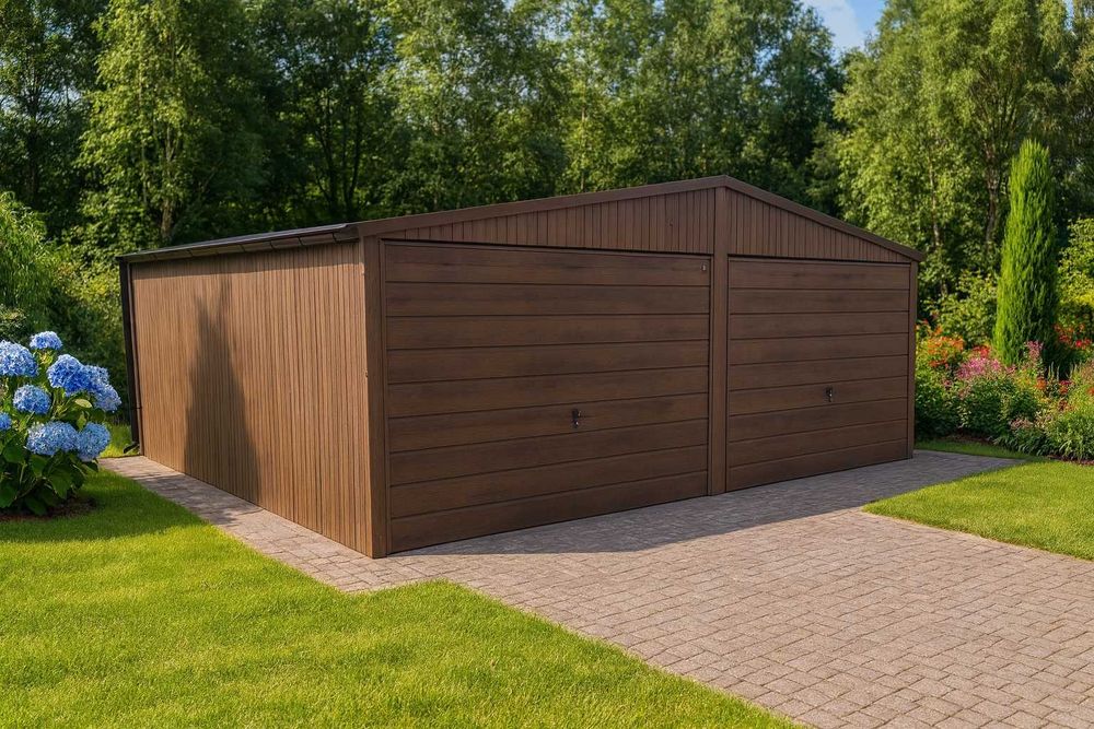Garaż Blaszany 6x5 Dwuspadowy drewnopodobne Bramy Uchylne PREMIUM