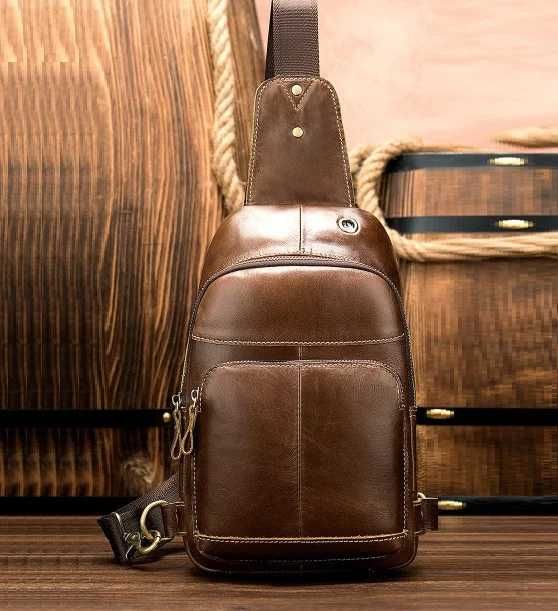 Чоловіча шкіряна мужская кожаная коричневая бананка сумка на груди
