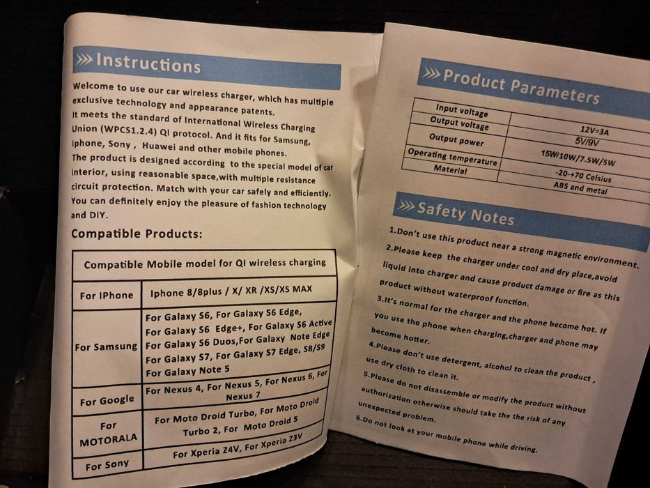 Nowa ładowarka indukcyjna do zamontowania w samochodzie brak paragonu