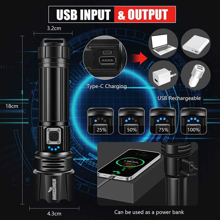 Lanterna LED de alta potência, 10.000 lumens, tática militar