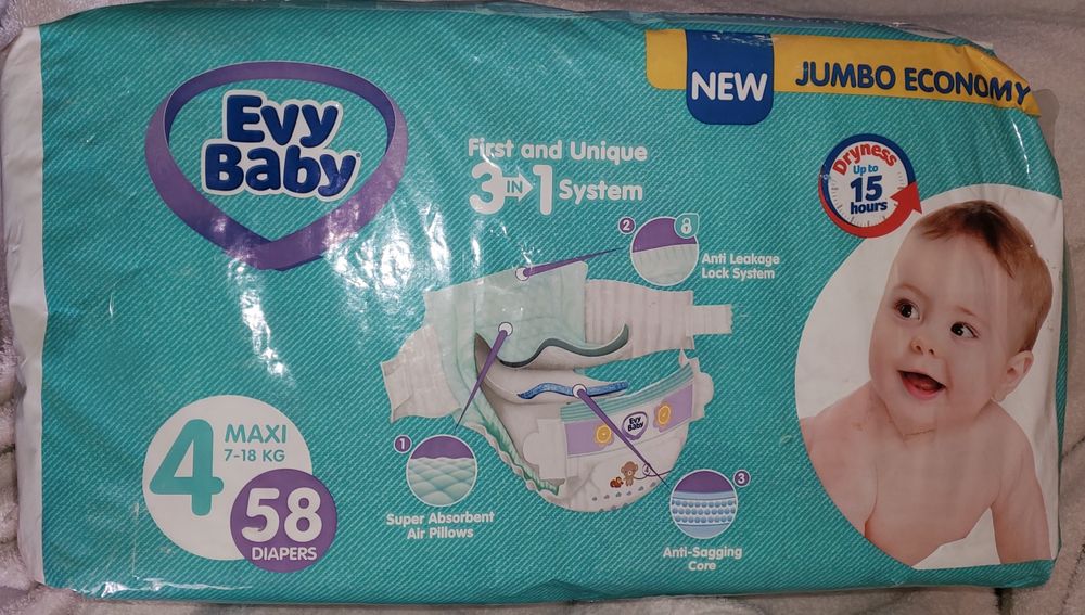 Підгузки Evy Baby Maxi Jumbo Розмір 4 (7-18 кг) 58 шт.