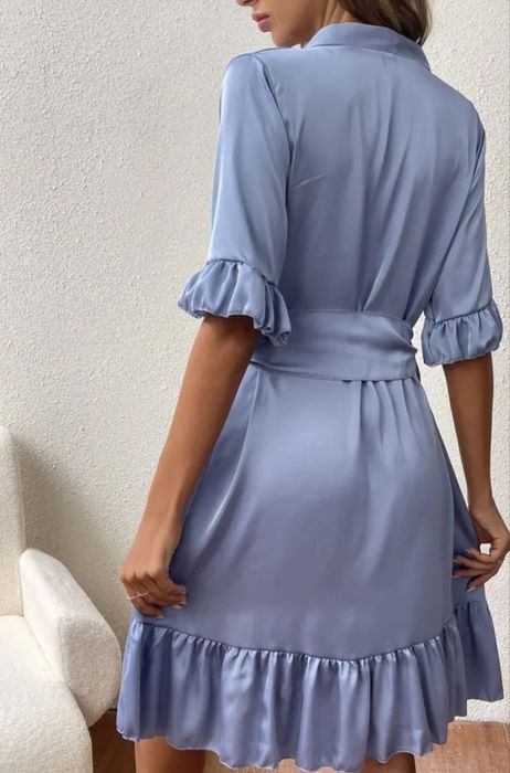 Шовковий халат з рюшами і поясом, жіночий домашній халат шовк сатин