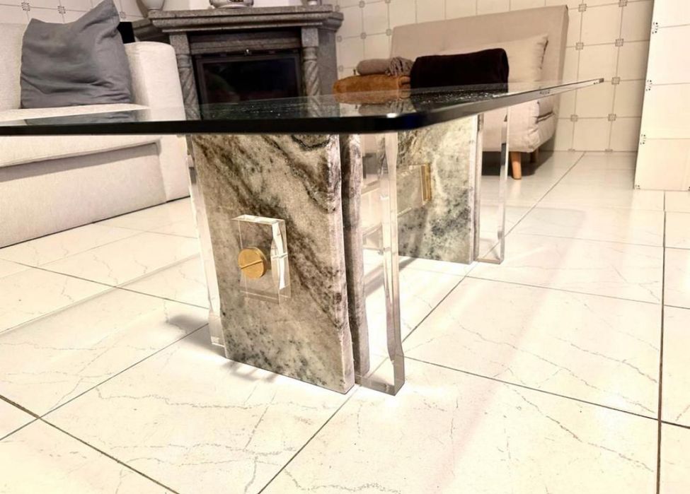 Mesa sala estar vidro e marmore