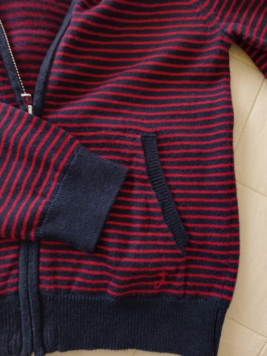 Casaco de malha, riscas azuis e vermelhas, capuz, 4 anos, Jacadi Paris