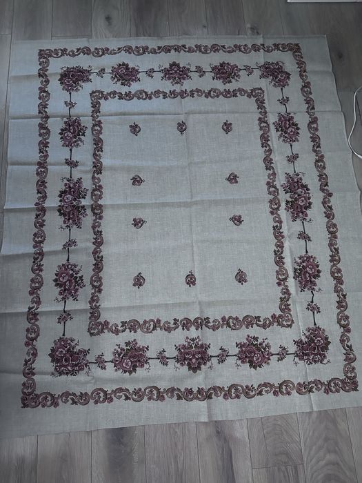 Obrus lniany len PRL brązowy w kwiaty nowy