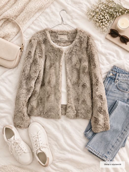 Kurtka futerko krótka beżowo-szara cozy casual L