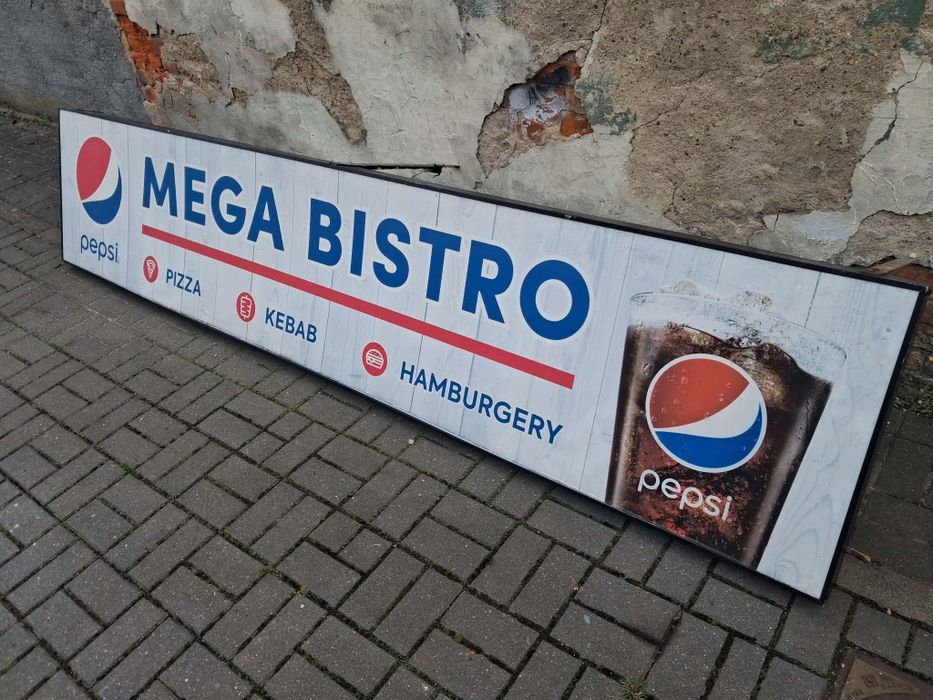 2x duża tablica reklamowa Mega Bistro – szyld Kebab Pizza Pepsi