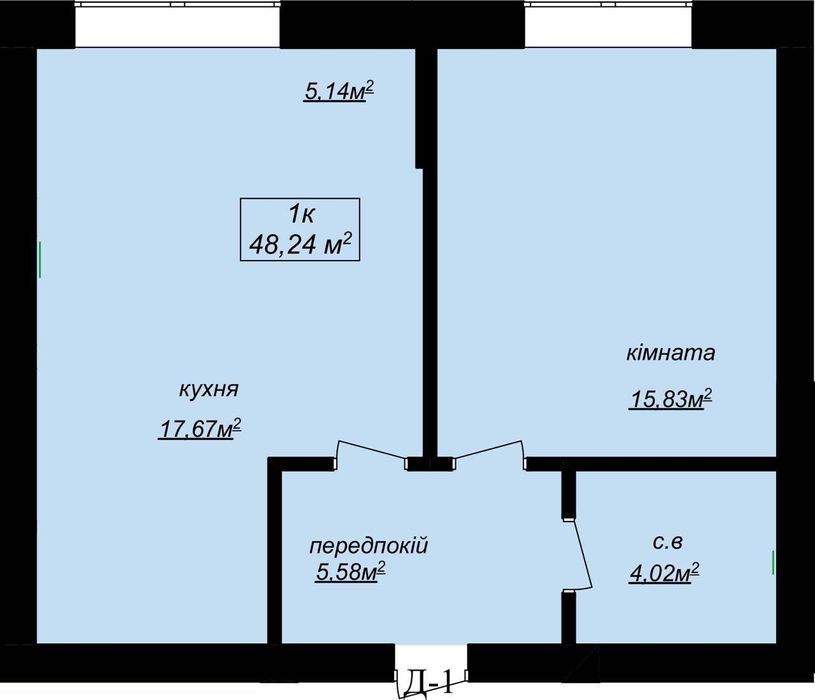 Квартира 48м2, кухня-студія, 3 поверх