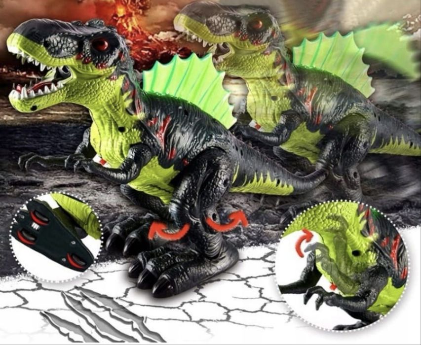 Zielony dinozaur chodzi, wydaje dżwieki