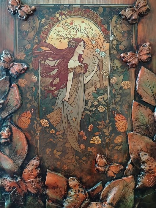 Ręcznie wykonany obraz na desce, panel dekoracyjny z ceramiką