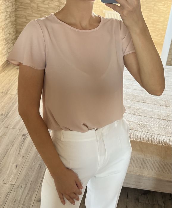 Шифонова блуза кофта топ з коротким рукавом пудрова рожева