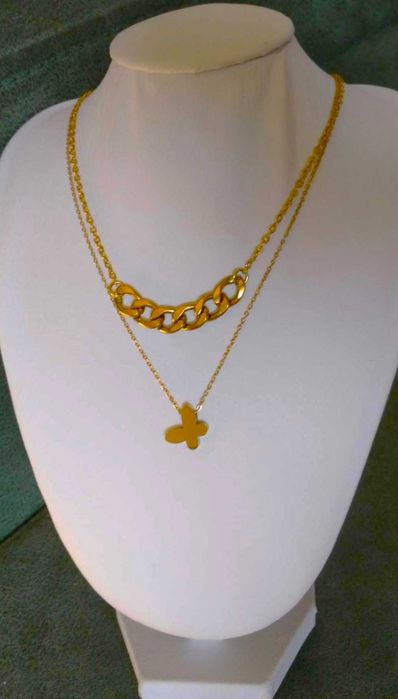 Colar Aço Duplo c/ Trabalhos de Malha Diferentes e Borboleta NOVO