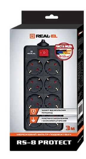 Мережевий фільтр REAL-EL RS-8 PROTECT, 3m, black (EL122300022)