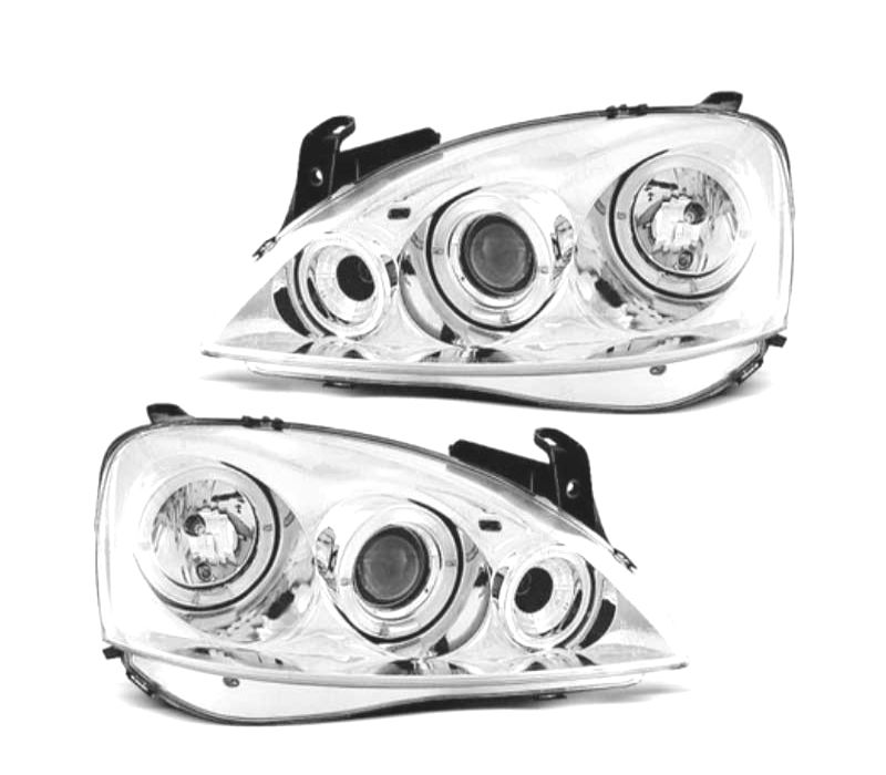 FARÓIS OPEL CORSA C 00-06 OLHOS DE ANJO FUNDO CROMADO