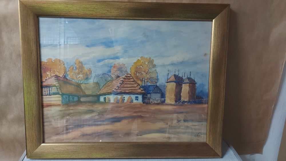 Obraz Wiejska chałupa przedwojenny sygowany