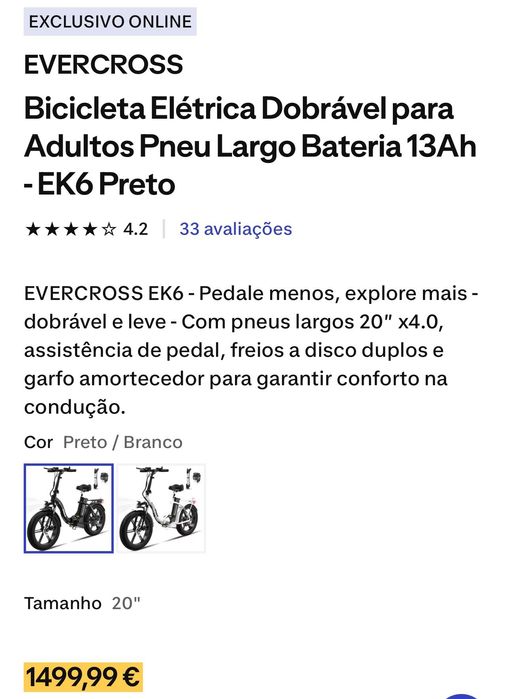 Bicicleta Elétrica Dobrável EVERCROSS EK6