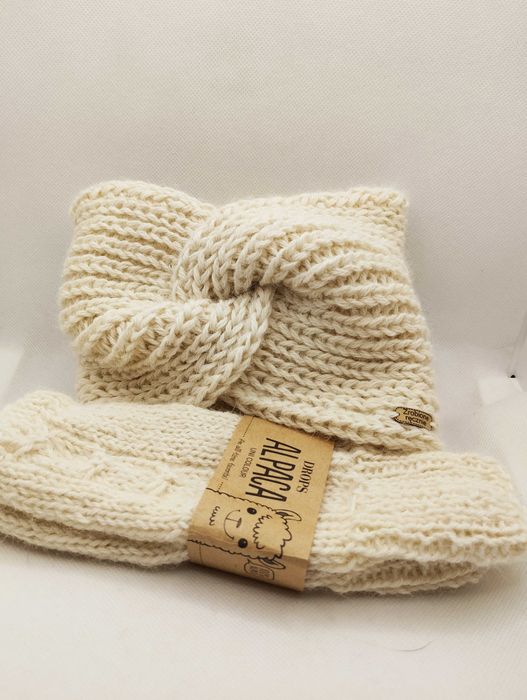 Komplet: opaska; turban; mitenki; alpaka 100%; handmade; ecru