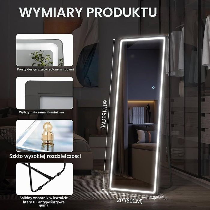 NOWE Duże lustro LED 153x50 cm Stojące/wiszące