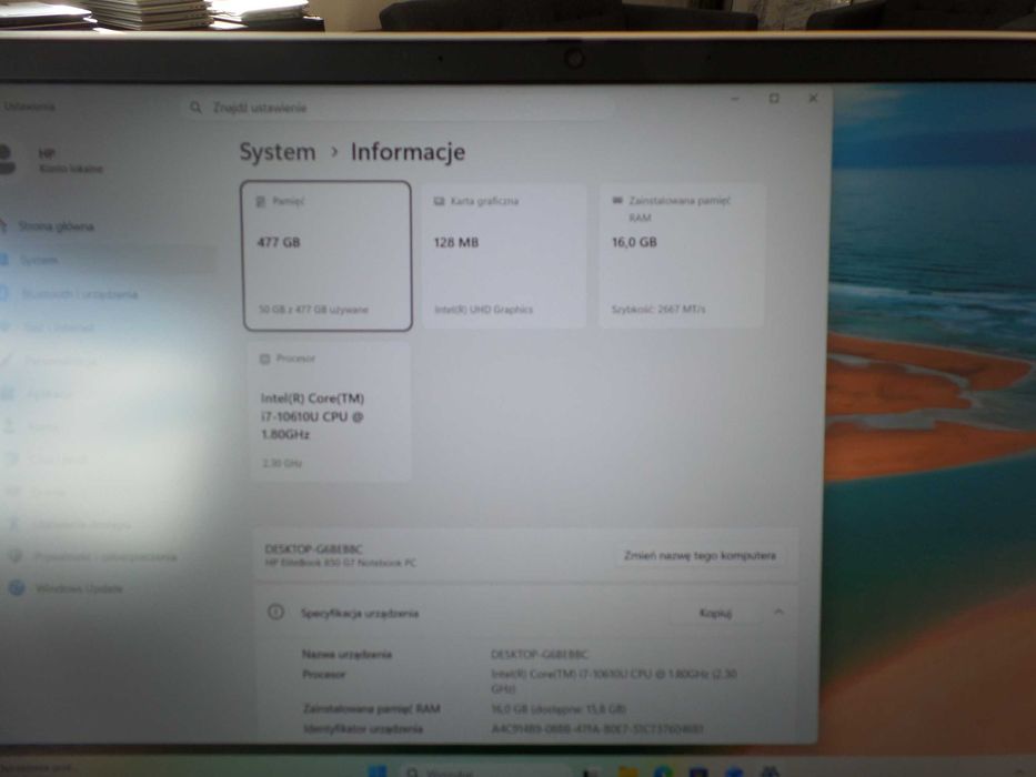 HP EliteBook 850 G7 i7 SSD 512 GB 16 GB win 11 laptop notebook