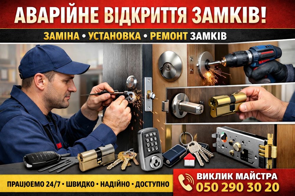 Открытие, Установка. Заміна замків, ремонт. Аварійне відкриття замків. Вскрытие.